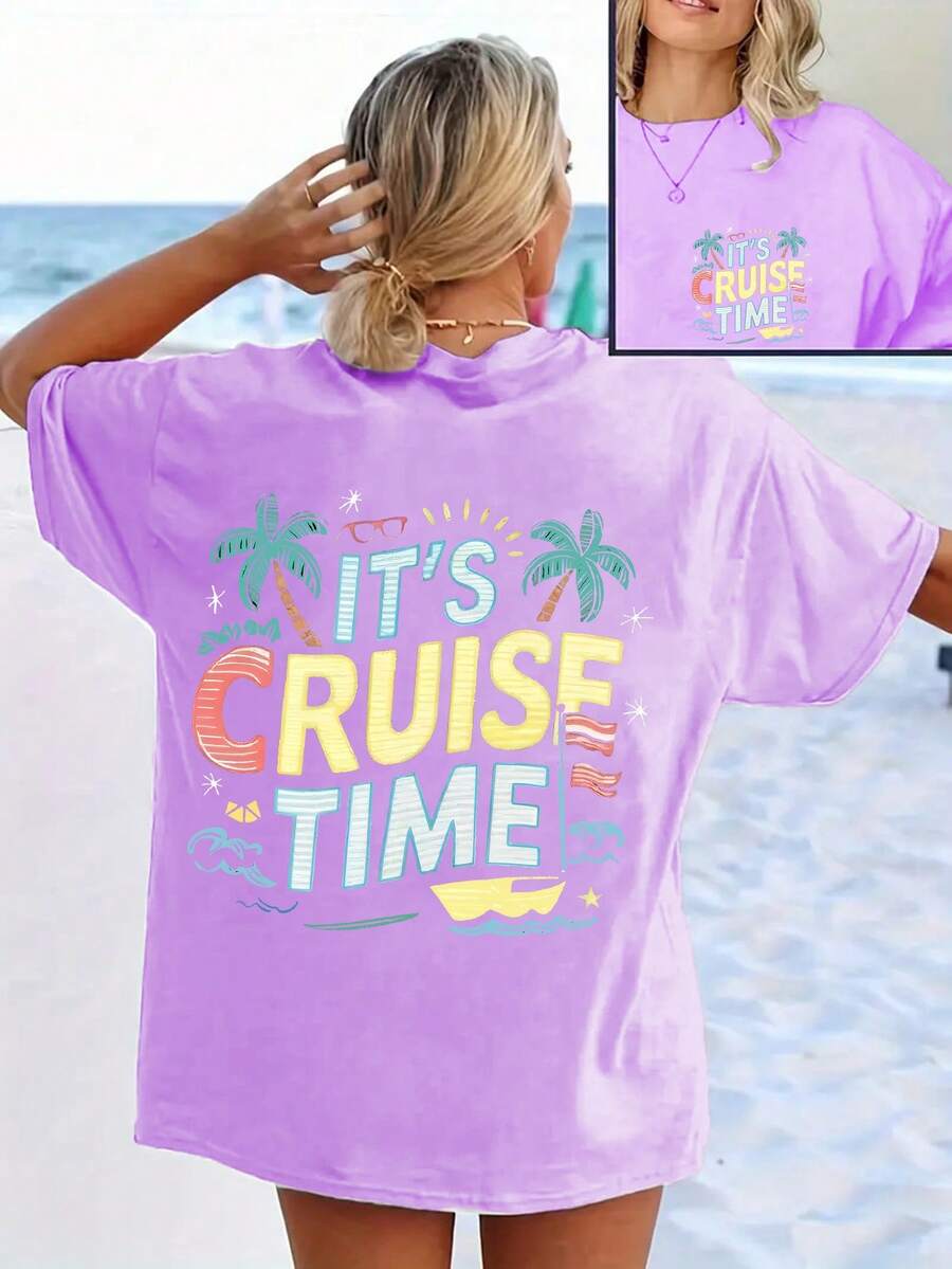 Women's Tropical Palm Leaf And Hibiscus Print T-Shirt - Short Sleeve, Round Neck, Casual Beach Vacation Top With Front And Back Decorative Patterns, Spring/Summer Blouse For Hawa - 紫色 - 查看 1