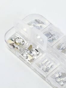 1盒美甲裝飾品，平底不對稱形狀鑽石，菱形、水滴形、心形、蝴蝶結、正方形鑽石，12格，超亮，溫暖仙女水鑽 - 銀色 - 查看 4