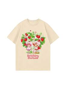 Women's Summer T-Shirt, Cute Berry Tree Print Loose Casual Style, Suitable For Daily Sweet Girly Look - Apricot - View 4
