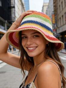 1pc Rainbow Braided Colorful Vibrant Summer Bucket Hat, Windproof, UV Protection, 3D Design, Foldable, Fashionable Versatile, Elegant, Soft Comfortable, Breathable, Multi-Functional, Face-Shaping, Suitable For Beach, Outdoor, Travel, Hiking, Cycling, Dating And More Occasions, Holidays, Festivals - Multicolor - View 1