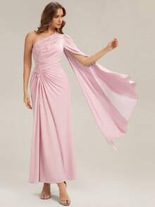 EVERPRETTY Women's V Neck Ruched High Slit Asymmetric Wedding Guest Dress Suitable For Wedding Semi Formal Evening - Pink - View 5