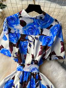 Elegant Women's Floral Print Dress With Short Sleeves, Lapel Collar, And Fitted Waist - Romantic Rose Design, Perfect For Spring Outings, Garden Parties, And Casual Events | Garden Party Dress | Floral Print Dress | Stylish Dress - 藍色 - 查看 4