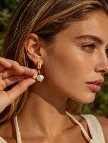 1 Pair Fashion Green Natural Stone Shell Earrings For Women Cubic Zirconia Hoop Earrings Hip Hop Party Jewelry Gifts - Multicolor 1 - View 1