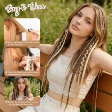 2pcs/Set Women's Clip-In Braided Hair Extensions, 20 Inch With Beads And Charms, Handmade Synthetic Bohemian Style Hair Pieces, Suitable For Cosplay, Renaissance Fair, 8 Strands - 彩色 - 查看 9