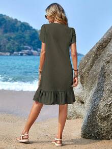 Vestido de Mujer con Cuello en V, Mangas de Concha y Volantes - Verde Gris - Ver 3