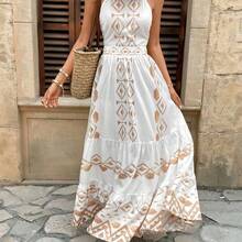 Vestido dorado con estampado geométrico y espalda descubierta para vacaciones . - Azul - Ver 7