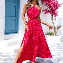 xuehuamaoyi02  Vestido holgado sin espalda con estampado romántico de vacaciones casuales de verano para mujer - Azul y blanco - Ver 5