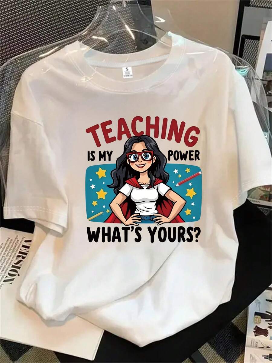 ¿Es mi derecho enseñar una camisa de manga corta con cuello redondo para mujer? ¿Qué te da derecho a enseñar? Camisa estampada de manga corta, apta para todas las estaciones. - Blanco - Ver 1