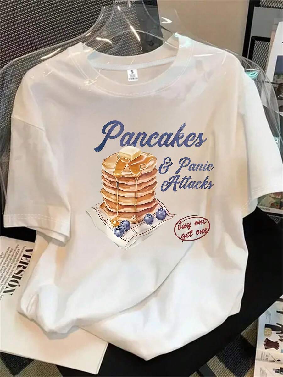 Camisetas de manga corta con cuello redondo y estampado de tortitas para mujer, aptas para todas las estaciones. - Blanco - Ver 1