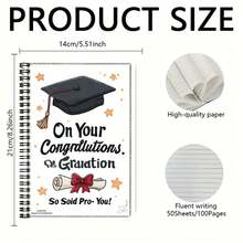 1pc Graduation Season Exclusive Cool Spiral Coil Notebook, Cover With Mortarboard And Scroll, Text "On Your Congratulations On Graduation". 100 Pages Large Capacity, Suitable For Work Records, Study Notes, Diary Writing, Daily Planning, Etc., Birthday, Graduation Gift Choice. - G - View 1