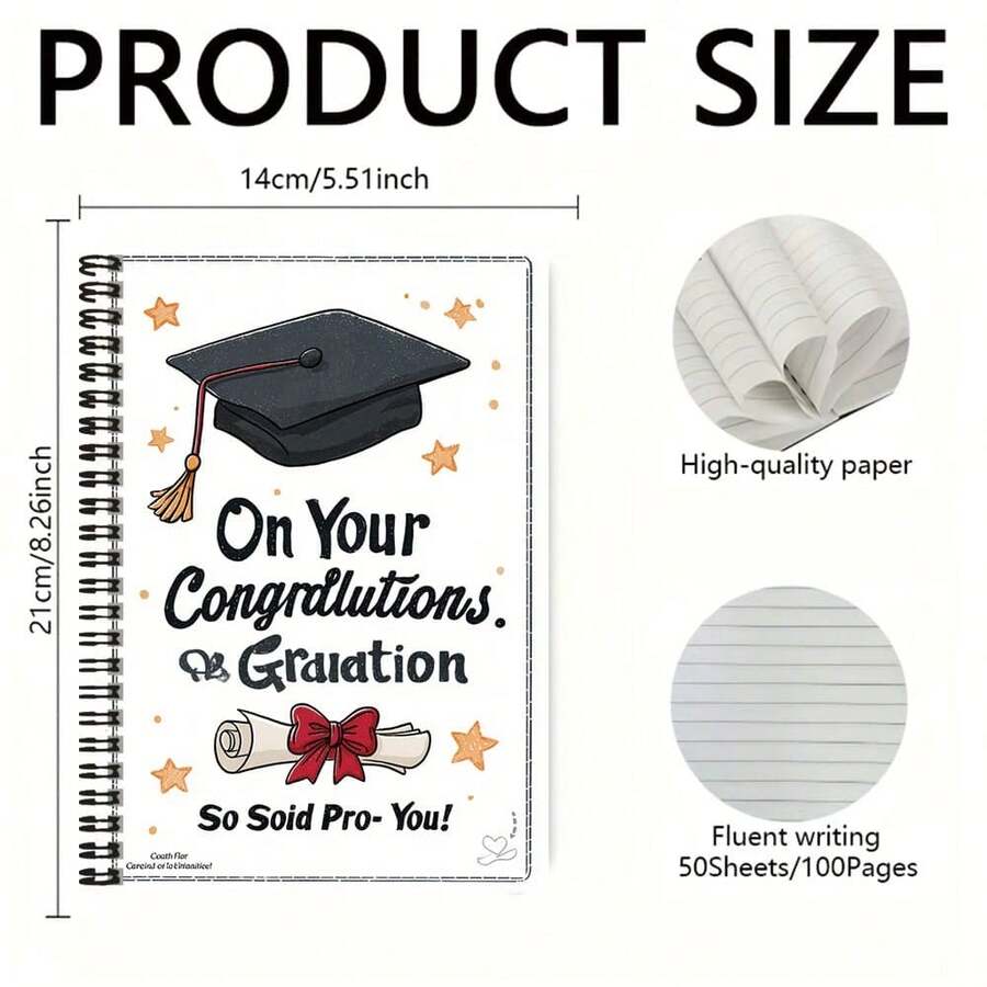 1pc Graduation Season Exclusive Cool Spiral Coil Notebook, Cover With Mortarboard And Scroll, Text "On Your Congratulations On Graduation". 100 Pages Large Capacity, Suitable For Work Records, Study Notes, Diary Writing, Daily Planning, Etc., Birthday, Graduation Gift Choice. - G - View 1