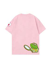 女款夏季 T-shirt，可愛檸檬甜點與青蛙印花寬鬆休閒 T-shirt，適合日常穿著與甜美女孩風格，粉紅色 - 粉色 - 查看 5