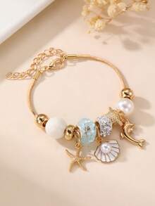 NAIZHU 1/3pcs Fashionable Gold-Tone Luxury Vintage Cherry Blossom & Ocean Pendant Bracelet, Teen Daily Party Accessory Gift - Multicolor - View 4
