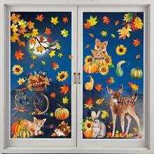 9Pcs Large Autumn Window Clings With Pumpkin, Maple Leaf, Hedgehog And Deer Patterns, For Home, Party And Shop Window Decoration. - Multicolor - View 4