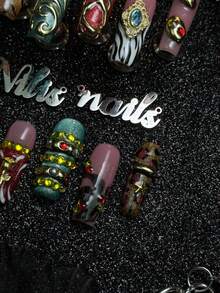 10 piezas de uñas postizas cuadradas largas totalmente cubiertas hechas a mano, colores dorado&rosa&rojo&verde menta, decoración 3D de reloj&piedras preciosas&perlas&patrón geométrico dorado&estampado animal, reutilizables, estilo vintage de lujo Y2K, adecuadas para fiestas & uso diario - Multicolor - Ver 5