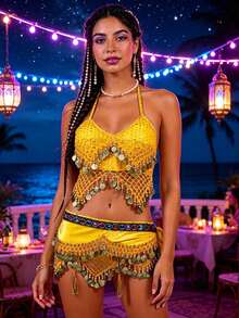 Performance Belly Dance Net Halter Top With Dangling Coins, Mesh Coin Tassel Hip Wrap Scarf - Multicolor - View 15