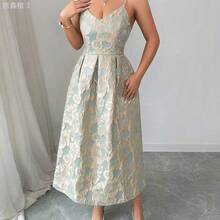 yonghongmaoyi1  Vestido elegante de mujer con tirantes de espagueti y estampado jacquard, adecuado para invitadas de boda, fiestas de noche y galas; Vestido elegante de fiesta de mujer con cuello en V y pliegues - Albaricoque - Ver 6