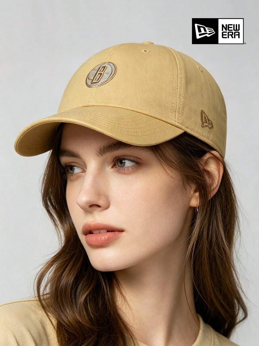 New Era UPF50+ 米色復古 "B" 貼布彎簷棒球帽,復古工裝老爹帽,適合戶外與街頭風格 - 黃色 - 查看 1
