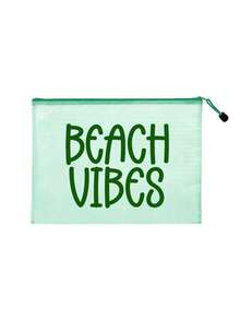 Bolsa de cosméticos de malla impermeable con estampado BEACH VIBES, bolsa de playa de tela de malla multicolor de moda, tema de playa. Bolsa de maquillaje de malla transparente con cremallera de nylon de gran capacidad, organizador de artículos de tocador de viaje ligero, bolsa de almacenamiento portátil para guardar protector solar, cuidado de la piel, herramientas de belleza, aperitivos, bikinis & artículos esenciales de playa, almacenamiento de primavera & verano - Multicolor - Ver 12