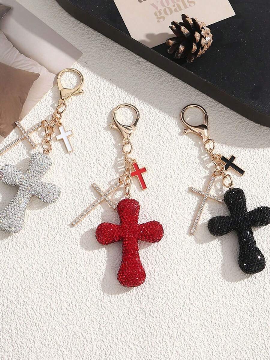 Colgante de Cruz Personalizado con Pedrería Completa, Encanto de Llavero Estilo Dulce & Fresco de Nicho, Accesorio Versátil para Bolsos - Multicolor - Ver 1