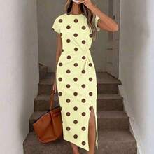 ghadjgyjad  Vestido midi elegante sin mangas con abertura alta y cintura fruncida con estampado de lunares en marrón y azul, vestido de punto de textura casual y ajustado para mujer, conjunto de fitness para mujer, vestido de invitada de boda para mujer, ropa de oficina para mujer - Multicolor - Ver 7