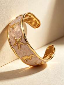 VceTd 1/2PCS Ocean Vacation Style Stainless Steel Women's Bracelet With Starfish/Shell Design, Suitable For Women's Daily Wear, Holiday Outings, Music Festivals, Holiday Parties, Ocean Vacations, Or As A Gift For Lovers Or Women - Yellow Gold - View 8