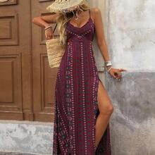 xuehuamaoyi02  Vestido de verano casual y romántico para vacaciones, con tirantes finos y rayas, en color marrón - Beis - Ver 2
