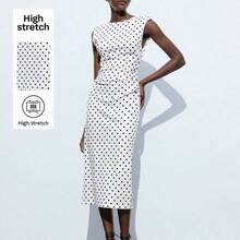 jianchaimaoyi02 Maija Vestido sin mangas con pliegues y estampado de lunares para mujer - Marrón - Ver 2