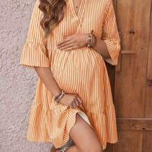 Vestido camisero de manga corta con cuello alto y rayas para maternidad - naranja - Ver 1