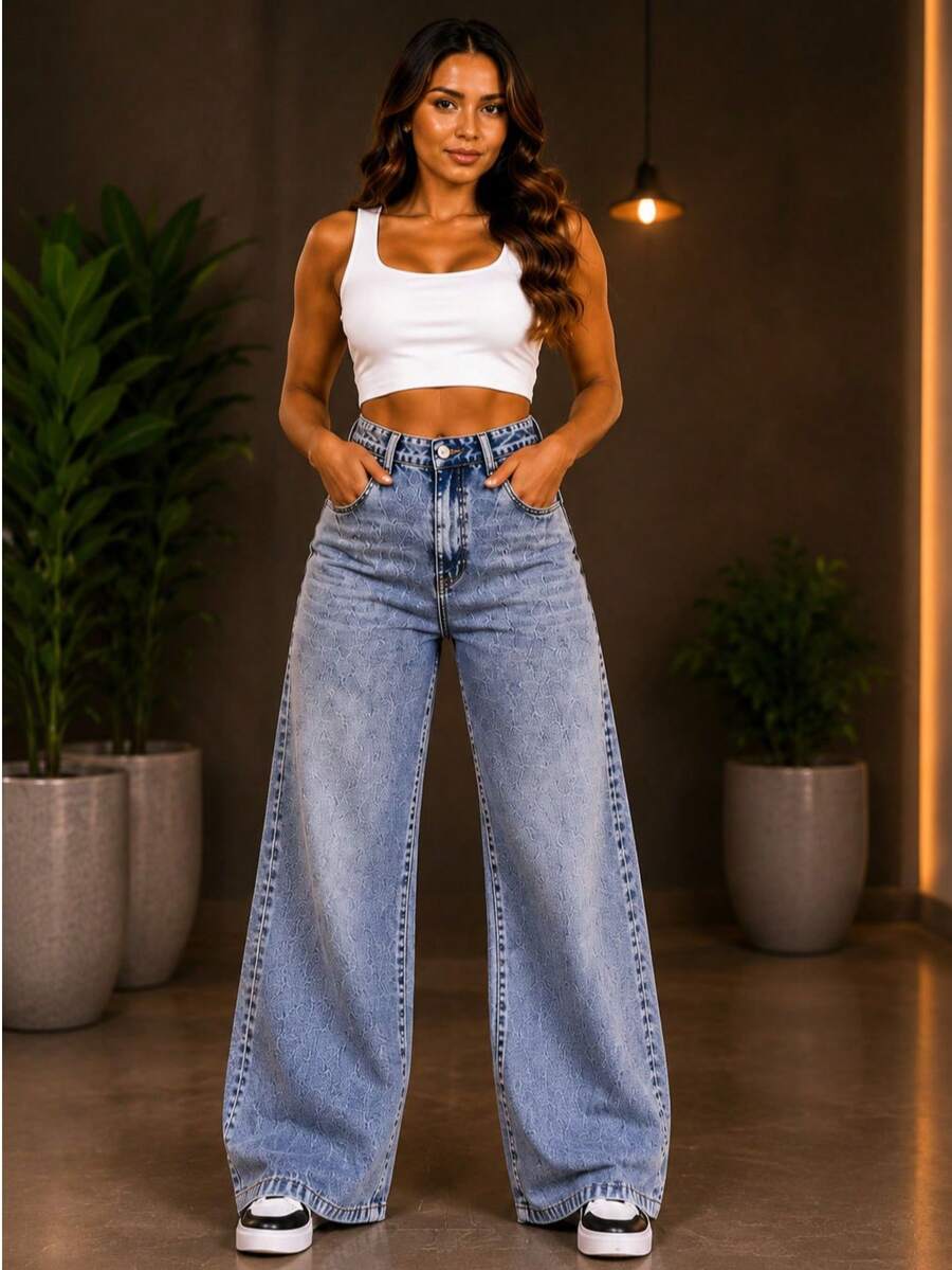 Women's Wide-Leg Jeans, Light Wash, On !!! - 淺色水洗藍 - 查看 1