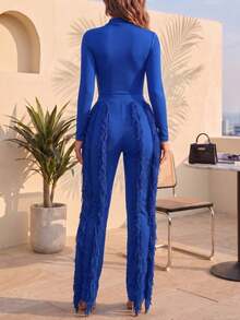 CALEBGAR Women's Sexy Two Piece Outfits Long Sleeve Fringe Pants Set Clubwear Going Out Birthday Party Night Outfits - 藍色 - 查看 2