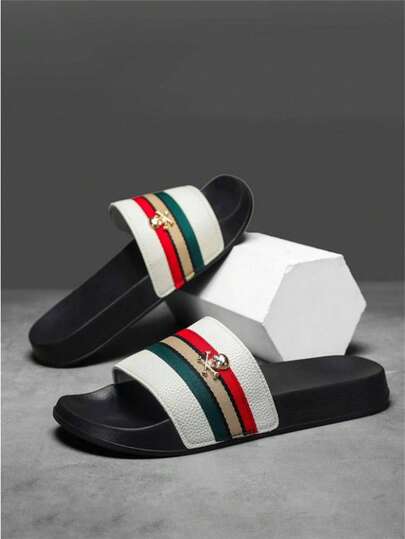 Men's Fashion Slippers, Red And Green Striped Sandals, Summer Outdoor Beach Slippers, Thick Flat Bottom EVA Anti-Slip Slippers, Soft And Comfortable Sandals