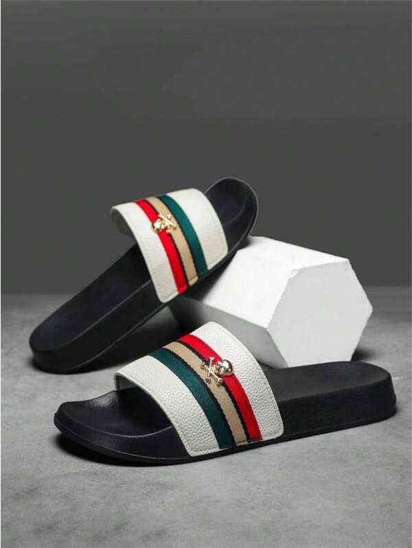 Men's Fashion Slippers, Red And Green Striped Sandals, Summer Outdoor Beach Slippers, Thick Flat Bottom EVA Anti-Slip Slippers, Soft And Comfortable Sandals