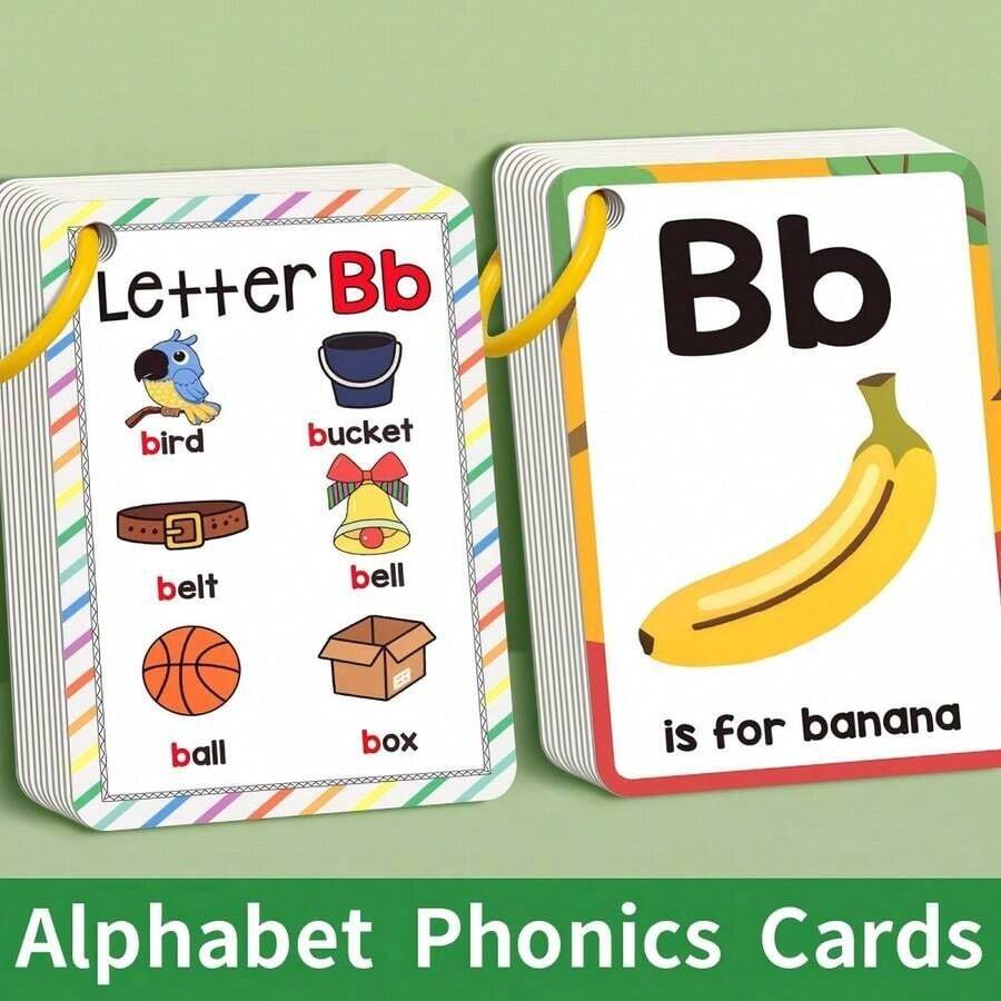 26Pcs,Kids Alphabet Phonics Flash Cards With Binding Ring,Mini Pocket Size,Double Sided,Paper,Cartoon,Multi Color,Rectangle,Word Image Print,ABC Phonics Practice,Preschool English Toy,Birthday,Christmas,Easter,Back To School,Home Classroom Play - 彩色 - 查看 1