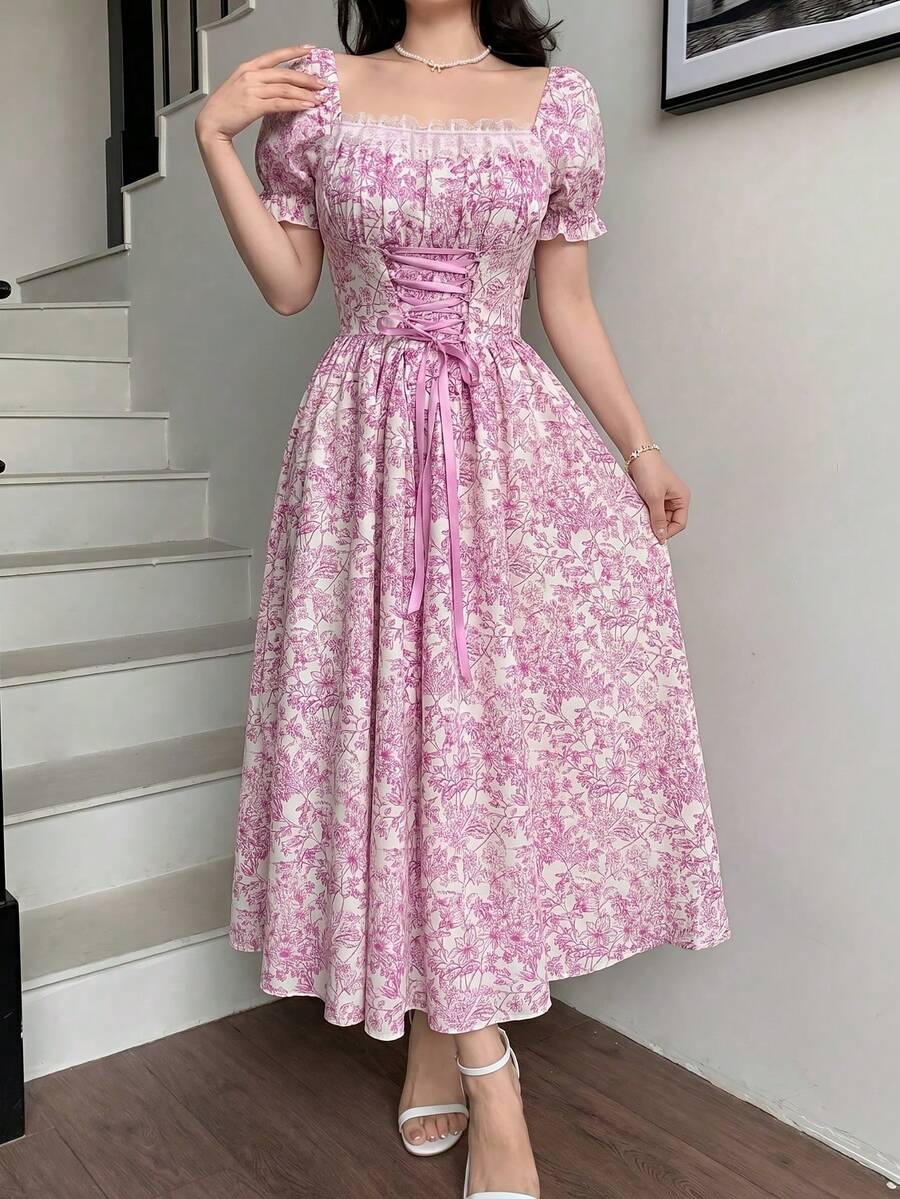 Elegant Long-Sleeved Dress With A Lace Collar And Fitted Hem, Featuring A Charming And Romantic Floral And Lace Design, Ideal For Holidays, Women's Dress - 象牙白色 - 查看 1