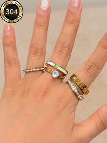 Znice 2026 New Stainless Steel 18K Gold Plated French Minimalist Personalized Full Rhinestone Flower Ring Set, Stackable Or Single Wear Suitable For Party, Gift, Daily Wear, Various Occasions, Jewelry, Waterproof And Non-Fading, For Beach Vacation - Gold 14 - View 3