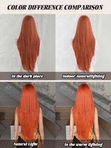 7JHH WIGS 32 Inch Orange Long Layered Straight Wigs For Women - Elegant Wig With Bangs- Dark Roots, Natural Looking Fluffy Very Soft Synthetic Heat Resistant Fiber Full Machine Hair Wig For Girls Daily, Music Festival Party, Cosplay Anime Use, Gift For Friend - Burnt Orange - View 6