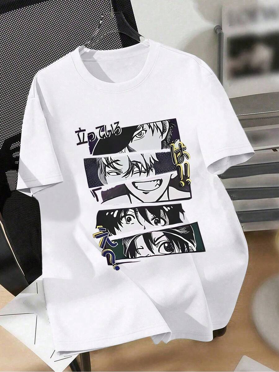 Senaste modellen 2026 Anime-PaT-Checkwork-tryck i japansk stil, ledig herr-T-shirt, studentkläder med korta ärmar, herrskjortor. Populär. - Weiss - Visa 1