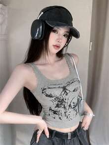 2026 Y2K復古可愛美學女款方領蕾絲飾邊無袖修身針織背心，蝴蝶印花休閒甜美性感街頭風針織上衣，適合日常穿著、約會、週末派對、音樂節、開學季，春夏秋季 - 灰色 - 查看 5