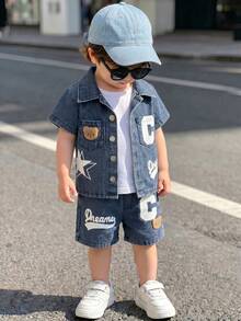 2pcs/Set Baby Boy Collared Button-Up Star & Letter Print Short Sleeve Shirt + Elastic Waist Denim Shorts, Casual Outfit, Soft & Vintage Summer Style - Blue - View 2