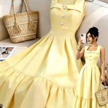 Nuevo vestido de mujer de largo medio, de cuello cuadrado, tejido de unicolor, con diseño de cintura recogida, elegante estilo de vacaciones, versátil para uso diario AG - Amarillo - Ver 1