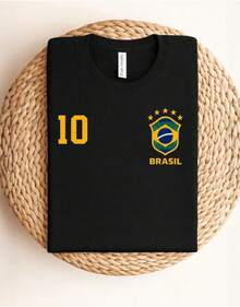 Men's Oversized Brazil T-Shirt, World Cup 2026, Brazilian National Team Shirt, Number 10, Football Print, Casual Streetwear Shirt, 100% Premium Cotton, Fashionable T-Shirt, Brazil Fan Color, Green And Yellow, Unisex, - 黑色 - 查看 7