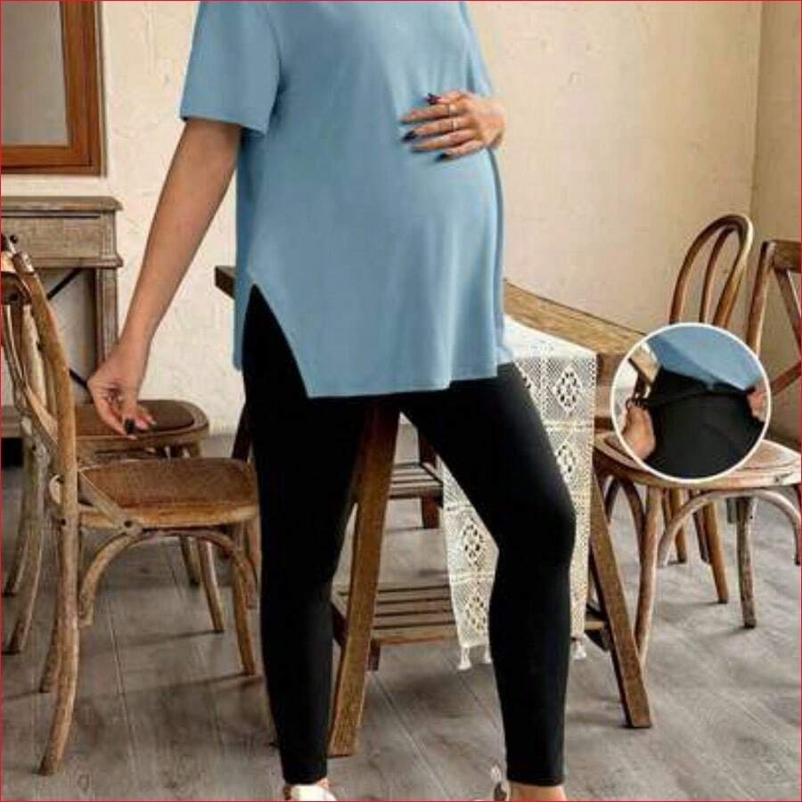 VUUG
2 piezas Conjunto de maternidad - Top suelto con abertura lateral de unicolor y pantalones pitillo - Niebla azul - Ver 1