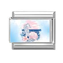 Stainless Steel Italian Modular Bracelet Links, Blue Watercolor Style Enamel Charms (Ocean/Animal/Food/Book), Cute Versatile DIY Jewelry Supplies - Summer Printing - View 3