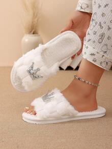 Pantuflas de casa estilo princesa con diseño de corona, abiertas de punta, de felpa, cálidas, cómodas y esponjosas, sandalias tipo slide para mujer - Gris - Ver 8