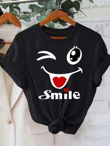 Camiseta Casual con Estampado de Cara Sonriente, Camiseta de Moda Casual de Manga Corta, Microelástica, No Transparente, Material Fácil de Cuidar, Ropa Casual, Ropa de Mujer, Sudadera de Estilo Minimalista, Moda - Negro - Ver 1