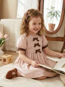 Girls Cute Bow Plaid Short Sleeve Round Neck Dress, Holiday Outfit, 3-7 Years - Khaki - View 1