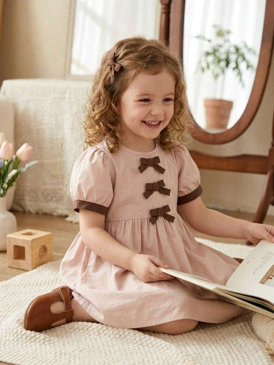 Girls Cute Bow Plaid Short Sleeve Round Neck Dress, Holiday Outfit, 3-7 Years - Khaki - View 1