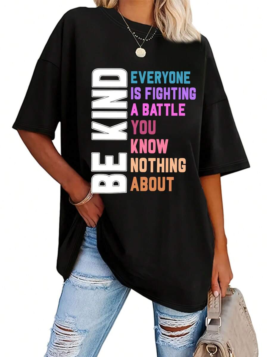 Plus Size - Plus Size - BEKIND Short Sleeve T-Shirt With Multicolor Letter Print And Round Neck - Black - View 1