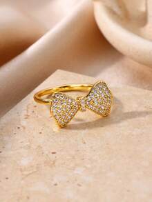 1pc Luxury Zirconia Inlaid Ring, 18K Gold Plated Open Band, Bowknot Four-Leaf Clover Design Jewelry, Daily Commute Dating Gift - Yellow Gold - View 6